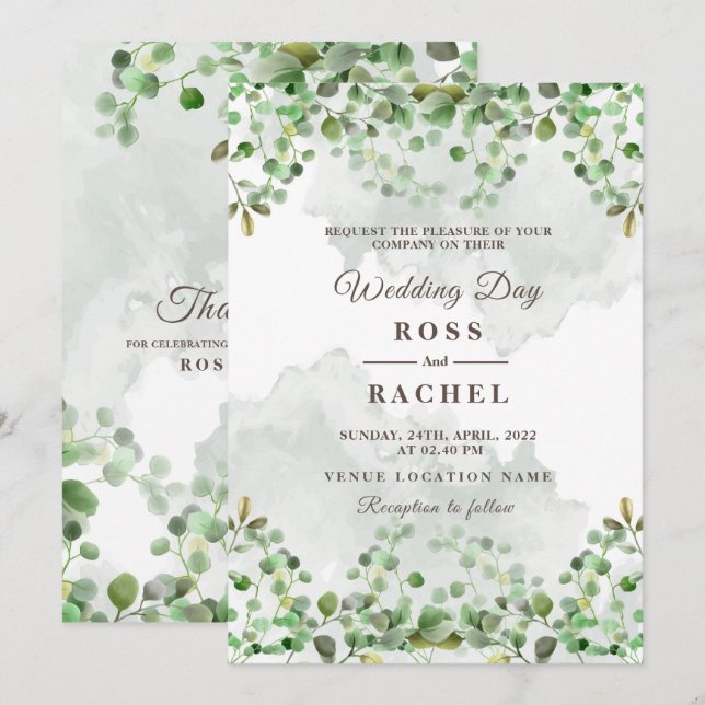 Convites Elegante Russo Eucalyptus Deixa Casamento Verde (Frente/Verso)