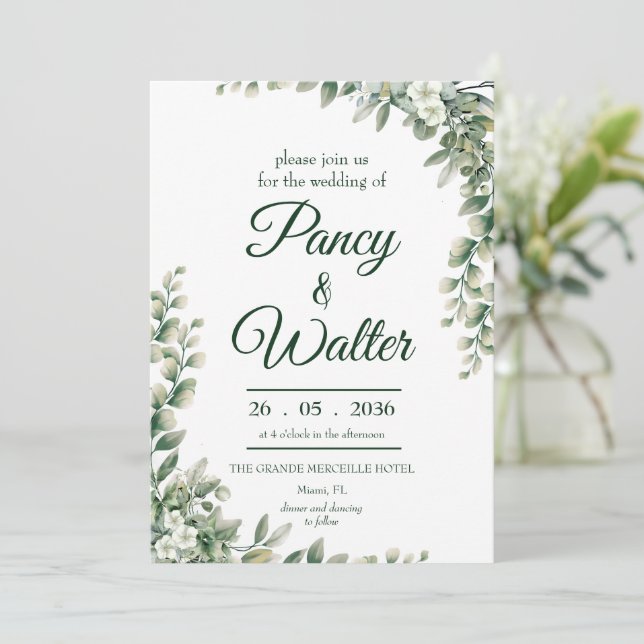 Convites Elegante Russo Eucalyptus Deixa Casamento Verde (Em pé/Frente)