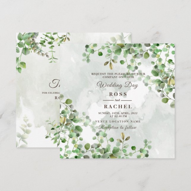 Convites Elegante Russo Eucalyptus Deixa Casamento Verde (Frente/Verso)