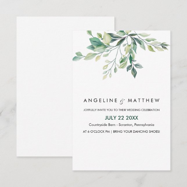 Convites Elegante Russo Eucalyptus Deixa Casamento Verde (Frente/Verso)