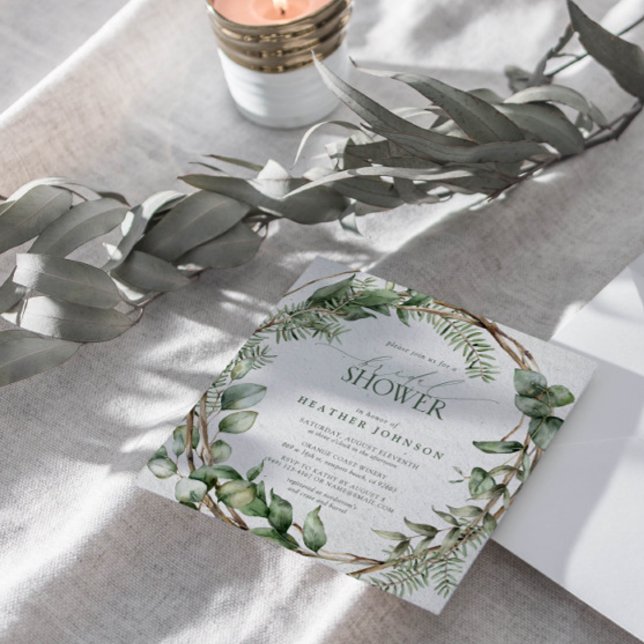 Convites Elegante Russo Eucalyptus Watercolor Greenerescênc (Join us in a wonderland of botanical bliss to shower the bride-to-be.)