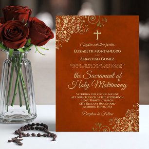Convites Elegante Rust Orange e Dourado Casamento Católico 