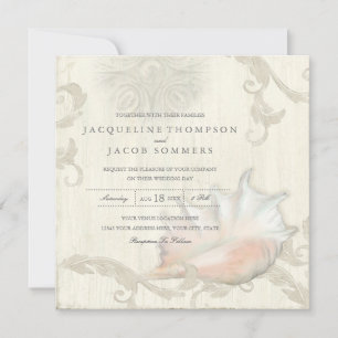 Convites Elegante Rustic Beach Seashell Conch Shell Wood Ar