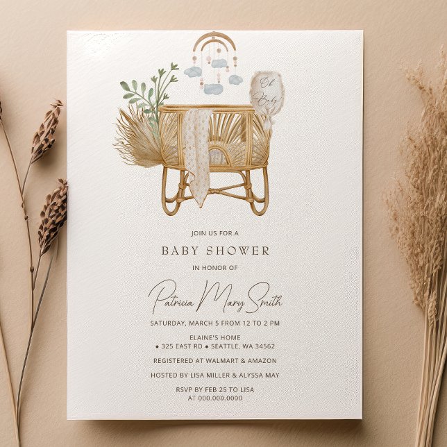 Convites Elegante Rustic Boho Baby Cot Chá de fraldas (Elegant Rustic Boho Baby Cot Baby Shower Invitation)