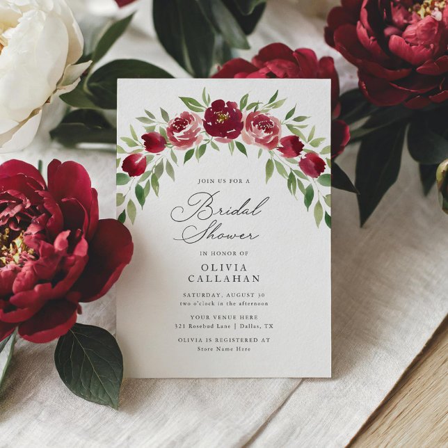 Convites Elegante Rustic Burgundy Chá de panela Floral (Criador carregado)