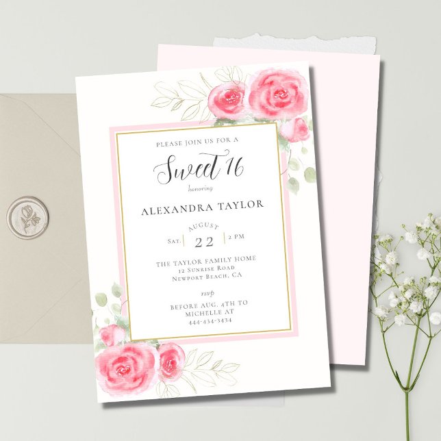 Convites Elegante Rustic Floral Frame Rosa Script Sweet 16 (Criador carregado)