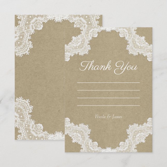 Convites Elegante Rustic Romance White Lace Kraft Obrigado (Frente/Verso)