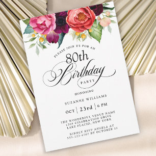 Convites Elegante Rustic Watercolor Floral 80 Birthday