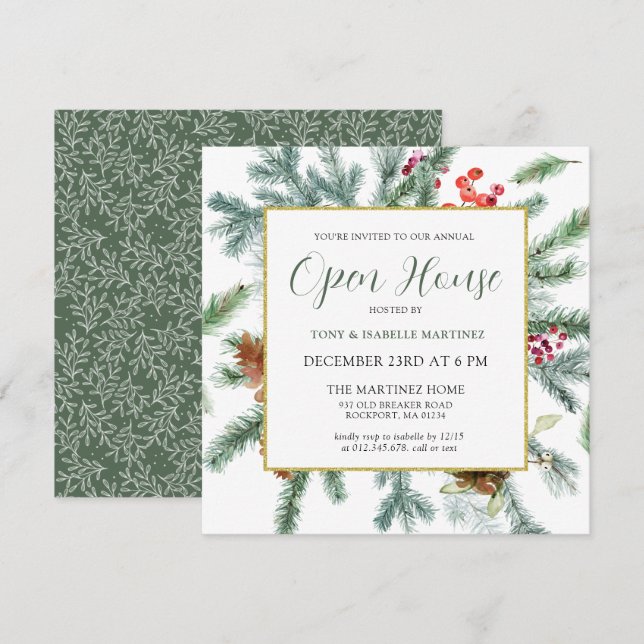 Convites Elegante Rustic Winter Botanic Open House (Frente/Verso)