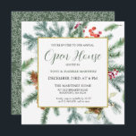 Convites Elegante Rustic Winter Botanic Open House<br><div class="desc">Este modelo de Y quadrado apresenta uma estrutura dourada decorada com galhos de pínus,  bagas vermelhas e cones de pínus. Muito espaço branco lhe dá um sentimento aberto e elegante.</div>