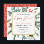 Convites Elegante Rustic Winter Botanic Open House<br><div class="desc">Este modelo de Y quadrado apresenta uma estrutura dourada decorada com galhos de pínus,  bagas vermelhas e cones de pínus. Muito espaço branco lhe dá um sentimento aberto e elegante.</div>