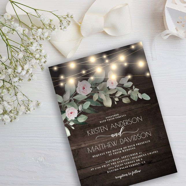 Convites Elegante Rustic Wood Luz Boho Greenery Casamento (Criador carregado)