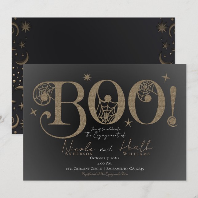 Convites Elegante Rústico BOO Mágico Compromisso de Hallowe (Frente/Verso)