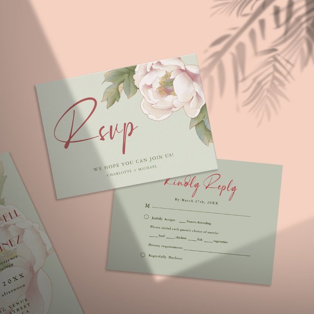 Convites Elegante Sage & Blush Peony Floral Weding RSVP (Criador carregado)
