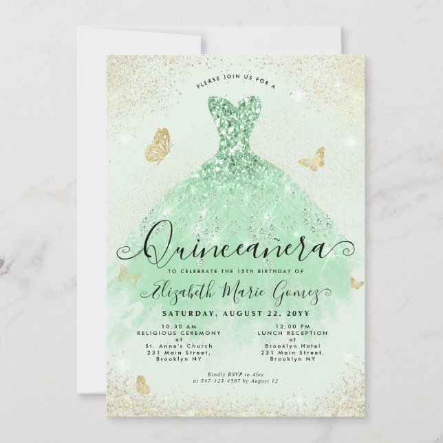 Convites Elegante Sage Glitter Dourado Verde Quinceanera (Frente)