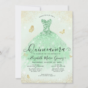 Convites Elegante Sage Glitter Dourado Verde Quinceanera