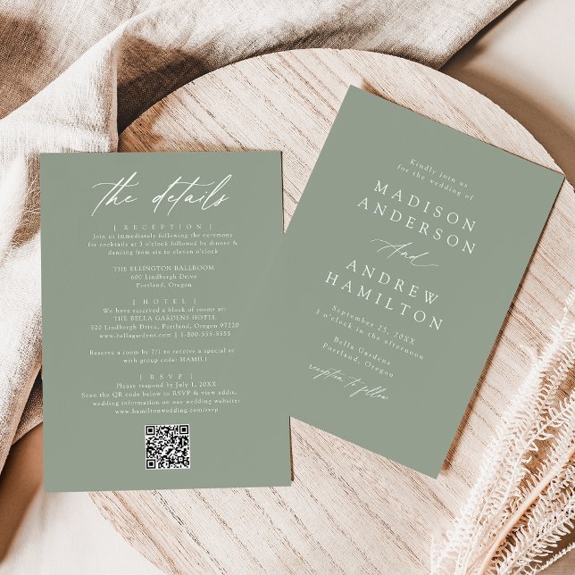 Convites Elegante Sage Green All In One QR Code Wedding (Criador carregado)