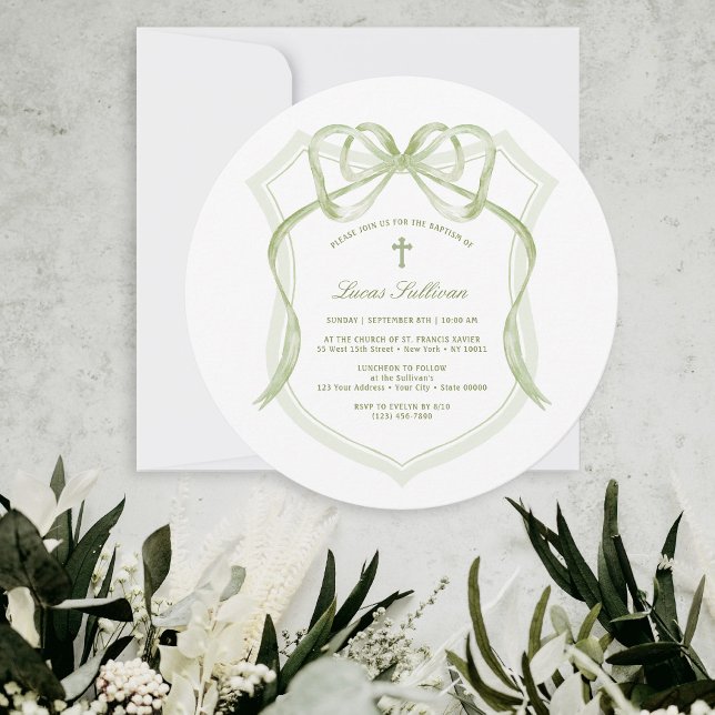 Convites Elegante Sage Green Arco Crest Baptism (Criador carregado)