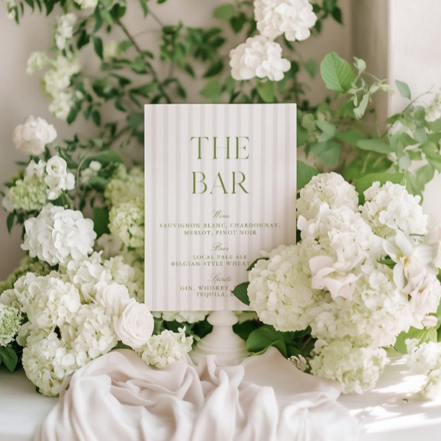 Convites Elegante Sage Green & Beige - Sinal de Bar de Casa (Elegant Sage Green & Blue Striped Wedding Bar)