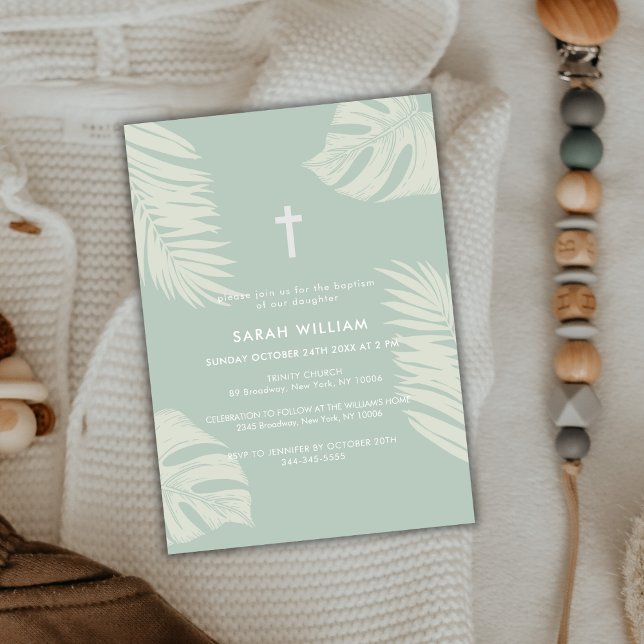 Convites Elegante Sage Green Boho deixa um batismo cruzado (Elegant Sage Green Boho Leave Gold Cross Baptism Invitation)