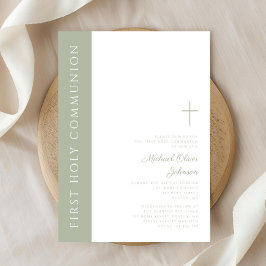 Convites Elegante Sage Green Cross First Santa Comunhão