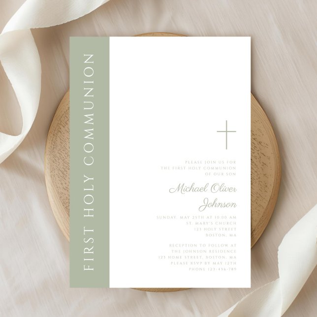 Convites Elegante Sage Green Cross First Santa Comunhão (Elegant Sage Green Cross First Holy Communion Invitation)