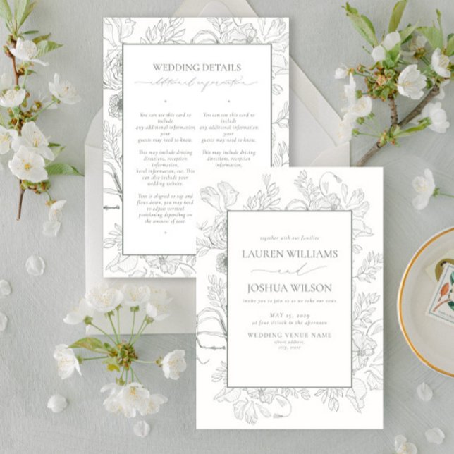 Convites Elegante Sage Green Floral Line Art Details Weddin (Criador carregado)