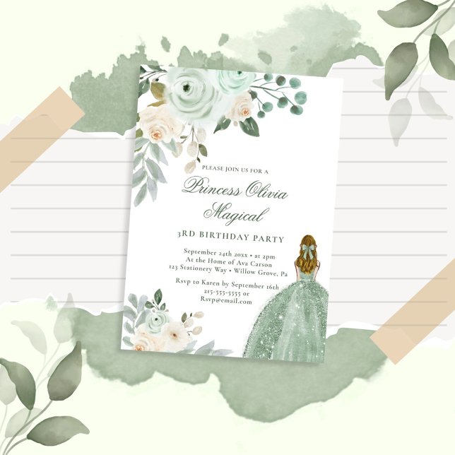 Convites Elegante Sage Green Floral Princess Birthday (Criador carregado)