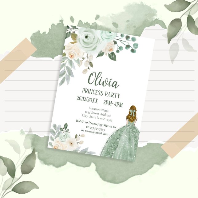 Convites Elegante Sage Green Floral Princess Party (Criador carregado)
