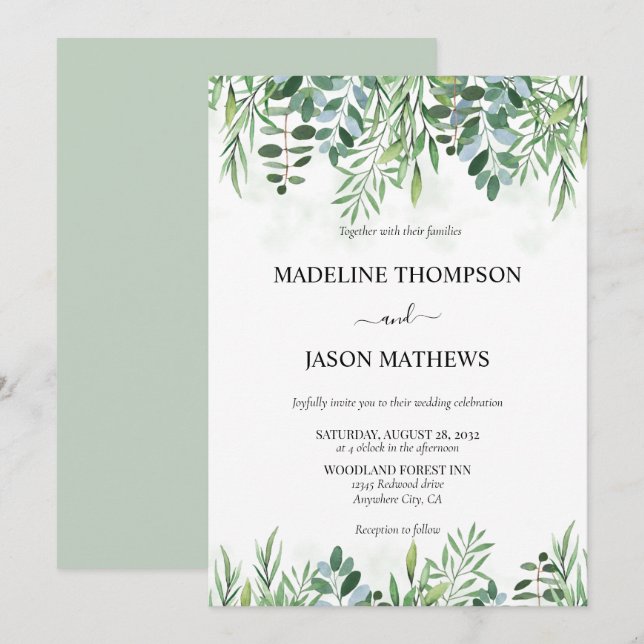 Convites Elegante Sage Green Greenery Eucalyptus Wedding (Frente/Verso)