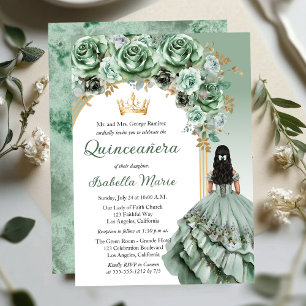 Convites Elegante Sage Green Rosa Floral Quinceañera