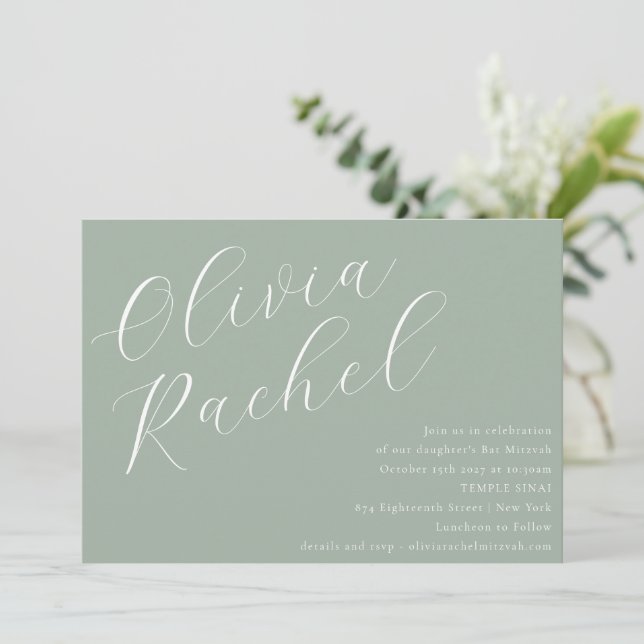 Convites Elegante Sage Green Script Name Minimal Bat Mitzva (Em pé/Frente)