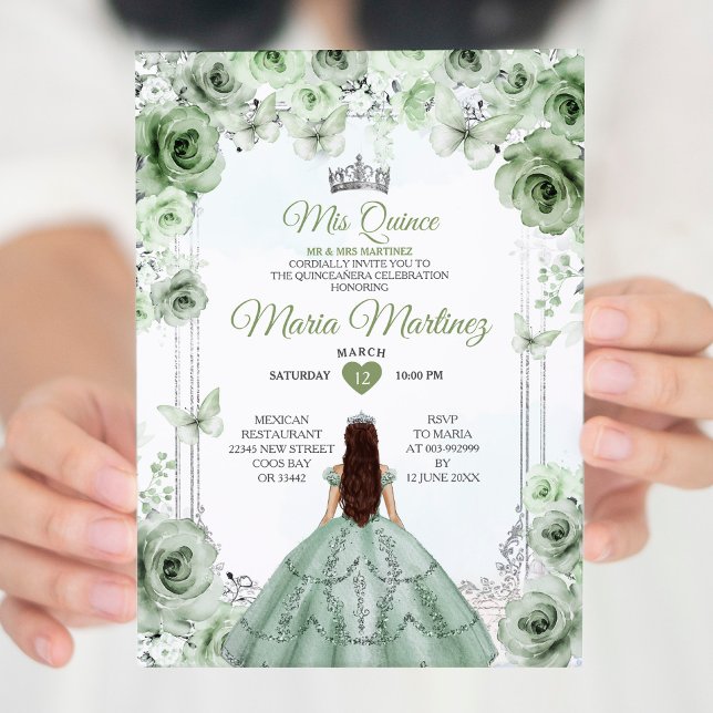 Convites Elegante Sage Green & Silver Princess Mis Quince (Criador carregado)