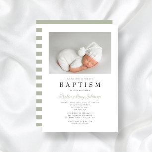 Convites Elegante Sage Green Stripes Foto Baptism