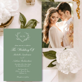 Convites Elegante Sage Green Wedding Monograma Foto