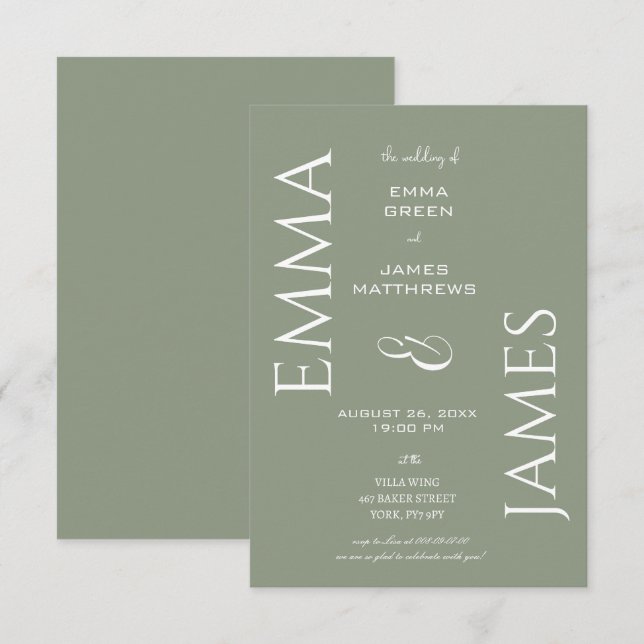 Convites Elegante Sage Green, White Font Bold Script Casame (Frente/Verso)