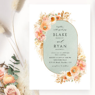 Convites Elegante Sage, Peach Blush e Cream Oval Casamento