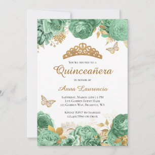 Convites Elegante Sage, Quinceanera Floral Dourada Verde
