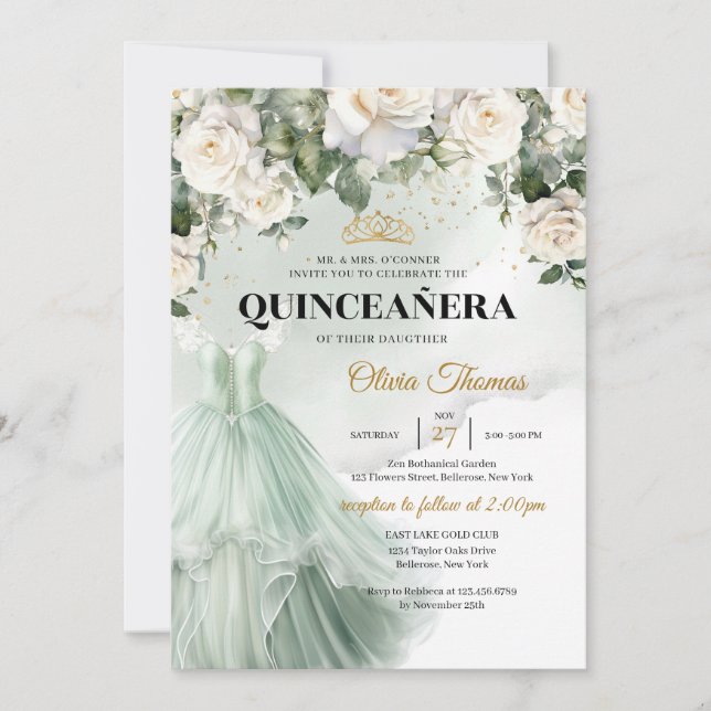 Convites Elegante Sage Rosas Brancas de Vestido Formal (Frente)