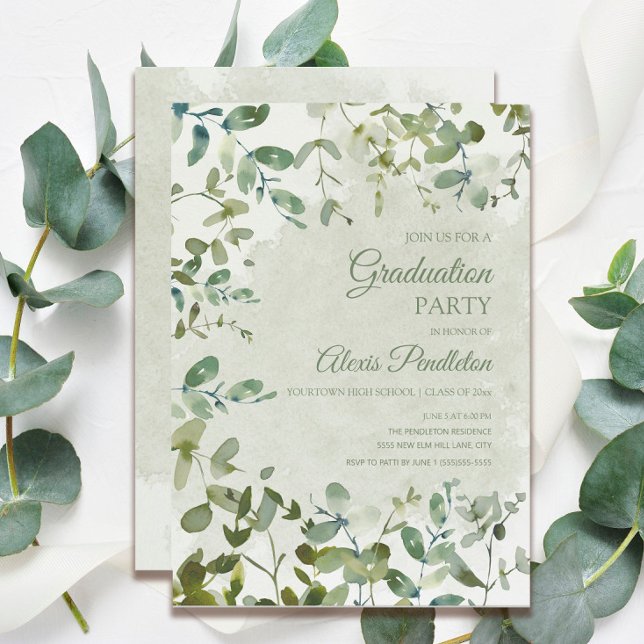 Convites Elegante Sage Verde Eucalipto Branco Graduação (Criador carregado)