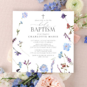 Convites Elegante Sagrado Batismo Script Dusty Blue Wildflo
