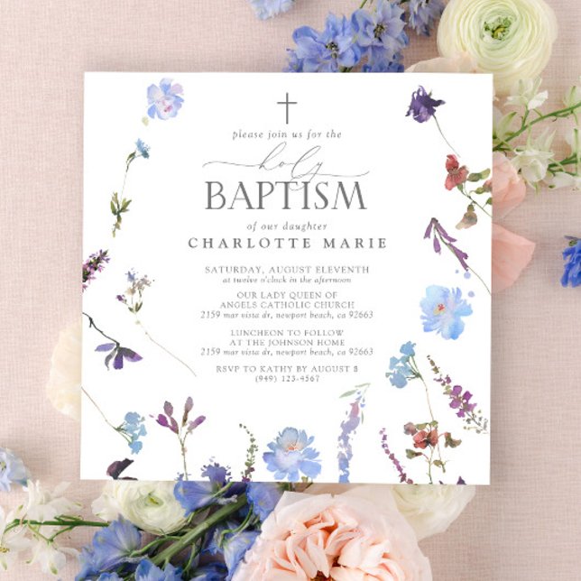 Convites Elegante Sagrado Batismo Script Dusty Blue Wildflo (Holy Baptism Invitation)
