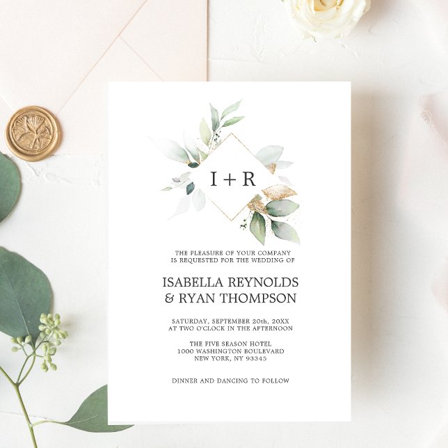 Convites ELEGANTE Sai Foliage Dourada WEDDING (ELEGANT Leaves Foliage Gold Watercolor WEDDING Invitation
)