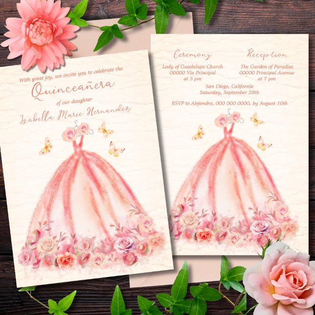 Convites Elegante Salmão Borboletas Florais Quinceañera (Criador carregado)