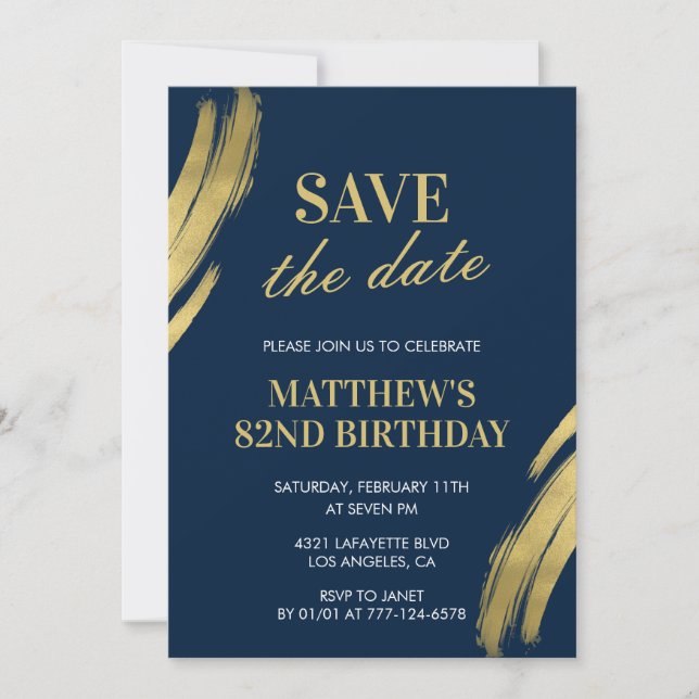 Convites Elegante Salve a data Azul Dourado 82º aniversário (Frente)