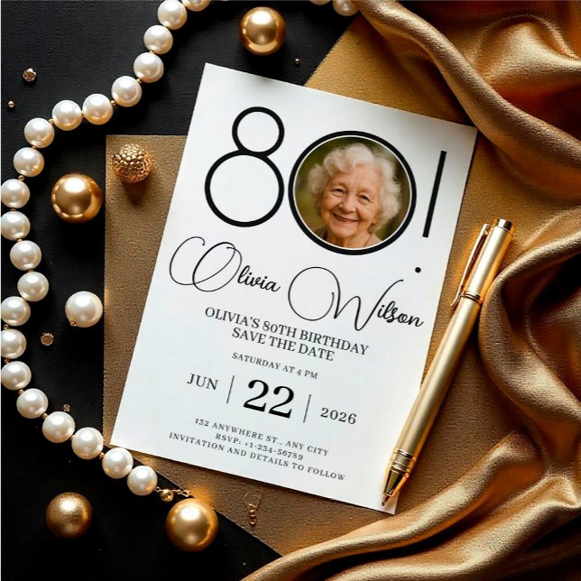 Convites Elegante Salve a data com o aniversário do 80 de f (Elegant Save The Date with Photo 80th Birthday Invitation )