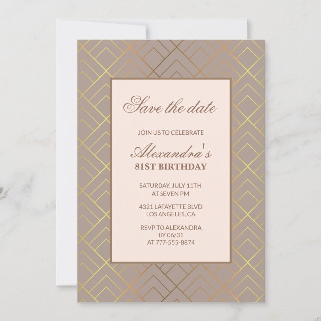 Convites Elegante Salve a data Dourado Marrom 81º aniversár (Frente)