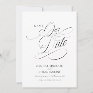 Convites Elegante Salve a Data Preto e Branco Script