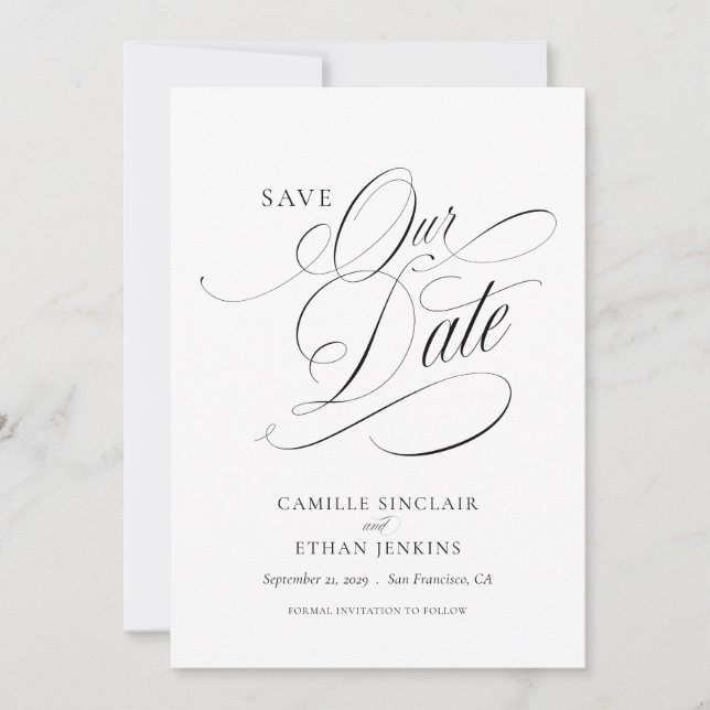 Convites Elegante Salve a Data Preto e Branco Script (Frente)