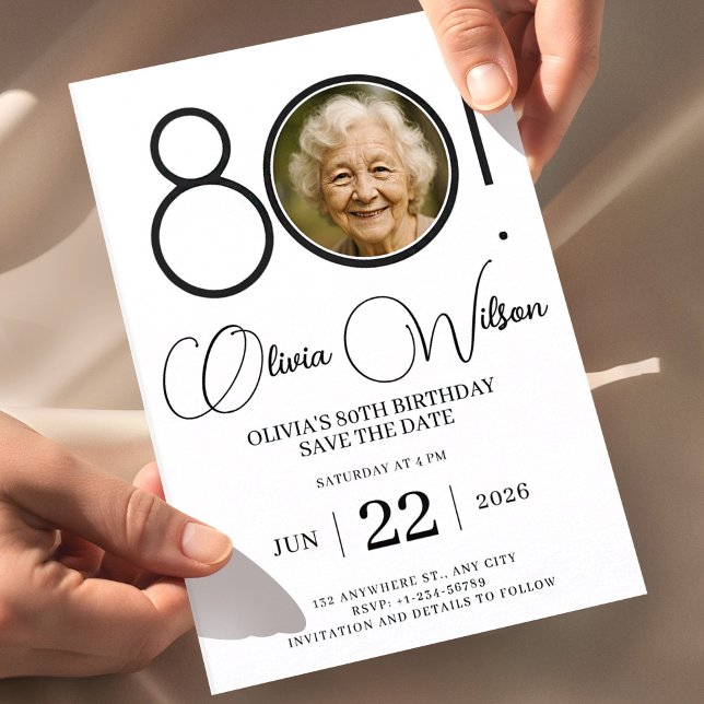 Convites Elegante Salve o Dia com Foto de Aniversário de 80 (80th Birthday Invitation, Photo Birthday Invite, Editable Save the Date, Minimal Black and White Inv)